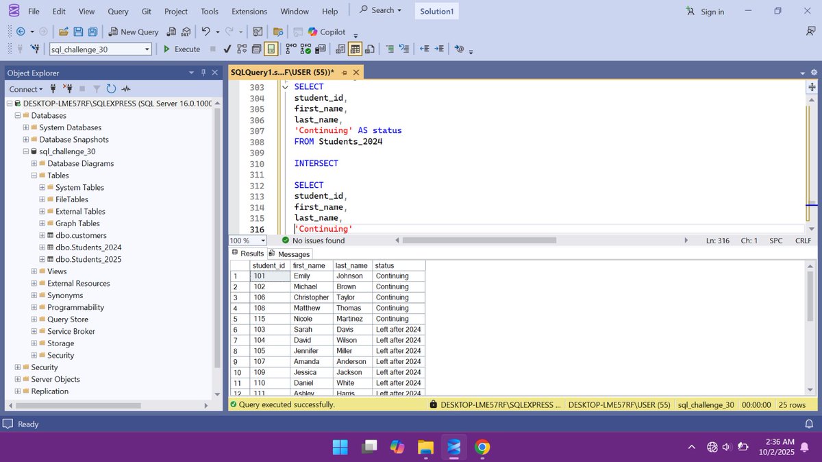 arucole001's tweet image. Rules to remember:
Both queries must return the same number of columns
Data types must be compatible
#30DaysOfSQL #SQLServer #LearningInPublic