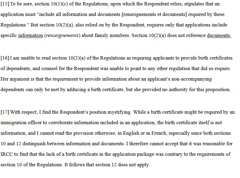 Federal Court rules that it was unreasonable for IRCC to return an Express Entry application because it was missing a birth certificate. 

Justice Brouwer held that notwithstanding the IRCC website and document checklist, that because s. 10(2) of the IRPR only references