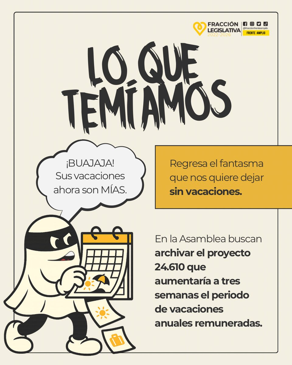FraccionFrente's tweet image. Regresa el fantasma que nos quiere dejar sin vacaciones.

El proyecto 24.610 busca ampliar a tres semanas las vacaciones anuales remuneradas, un derecho que ya disfrutan las diputaciones pero se le niega al resto del país.

El tiempo libre es un derecho, no un privilegio.