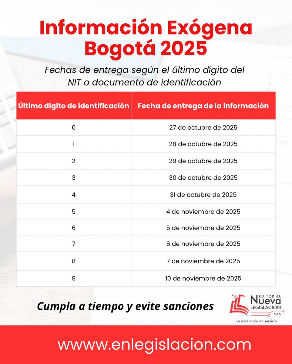 🚨 Contribuyentes Bogotá 🚨
Desde el 1/09/2025 la información exógena se presenta solo por PIDO 📲
✅ Carga Excel/plano
✅ Envío .STR
✅ Certificación inmediata

📅 Plazos: 0️⃣27/10 ➝ 9️⃣10/11
⚠️ Entrega tarde = sanción

👉 Conferencia Virtual: enlegislacion.com

#Exógena