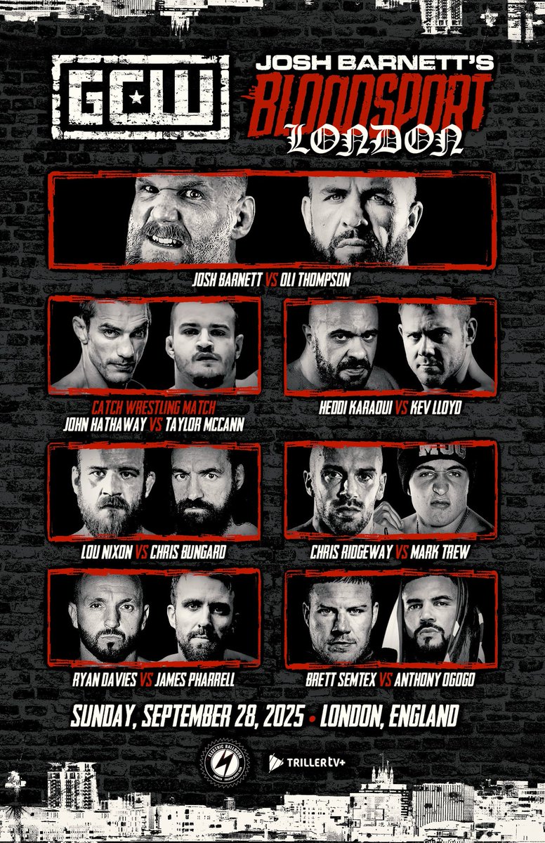 GCWrestling_'s tweet photo. GCW and Josh Barnett's Bloodsport from London is streaming NOW on trillerTV+!

Join us in progress right NOW for #JBBSLondon on @Triller_TV+ and get UNLIMITED Replays and access to the entire GCW Library for just $7.99 a month! https://t.co/IxIwC3I7gT