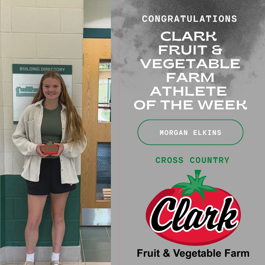 Congratulations to Morgan Elkins for being named the Clark Fruit &amp; Vegetable Farm Athlete of the Week!
Morgan , a freshman, has shown consistent improvement all season. This past Saturday, she set a new personal record with a time of 23:30. 🏃‍♀️💨
Way to go, Morgan!