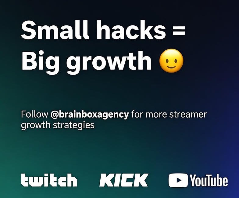 BrainBoxAgency's tweet photo. Outro / CTA

Small hacks = Big growth

Follow @brainboxagency for more streamer growth strategies https://t.co/GXLI8zBam9