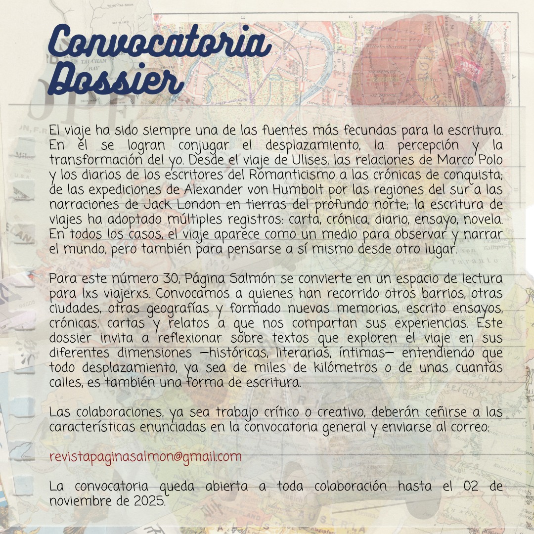 ¡Tiempo de convocatoria! Ya se encuentra activa la invitación para colaborar en el dossier 30: “Escribir y viajar”, que estará abierta hasta el 02 de noviembre del 2025. 🐟🧳