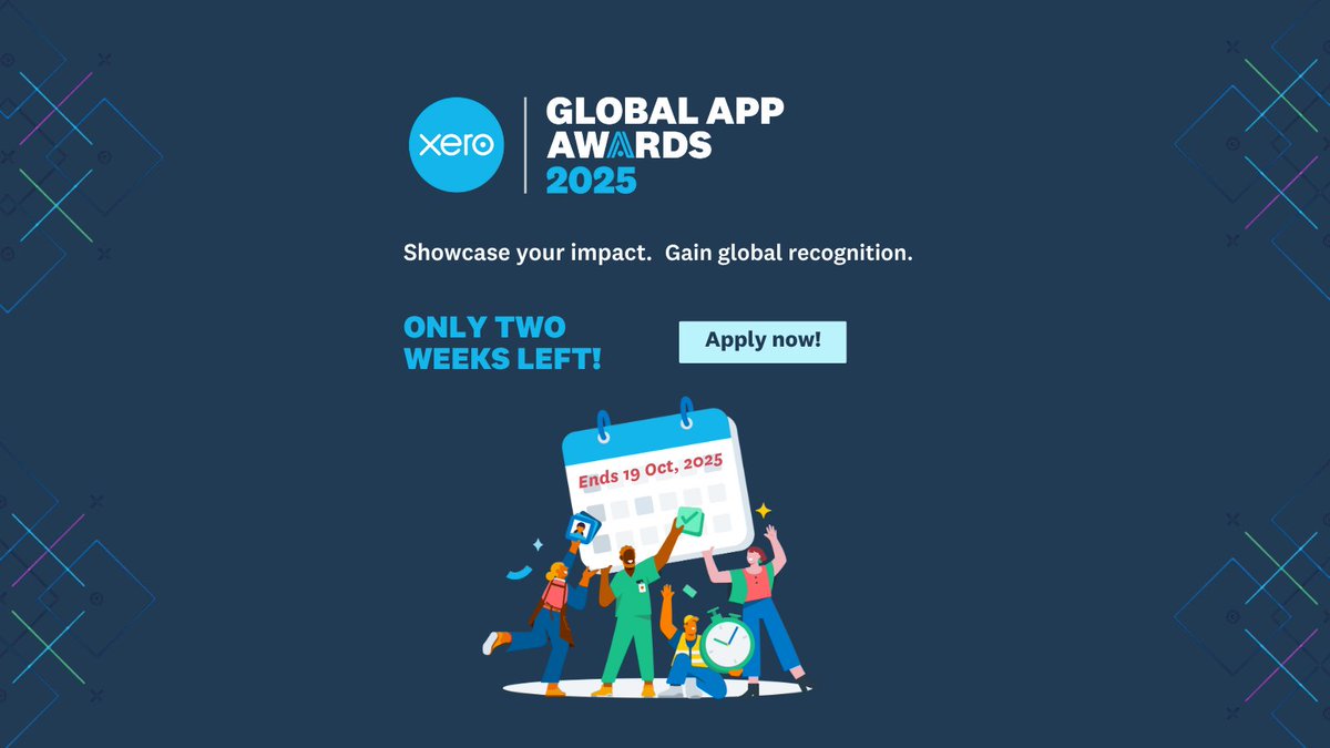XeroAPI's tweet image. 📢 2 WEEKS LEFT! Want your app in the #TopApps for 2025? Only way to win is to enter the #XeroAppAwards. Submit before 19 Oct 2025! 👉 xeroglobalappawards.awardsplatform.com
#XeroAppAwards #Innovation #AppDevelopment #XeroAppStore #XeroDeveloper