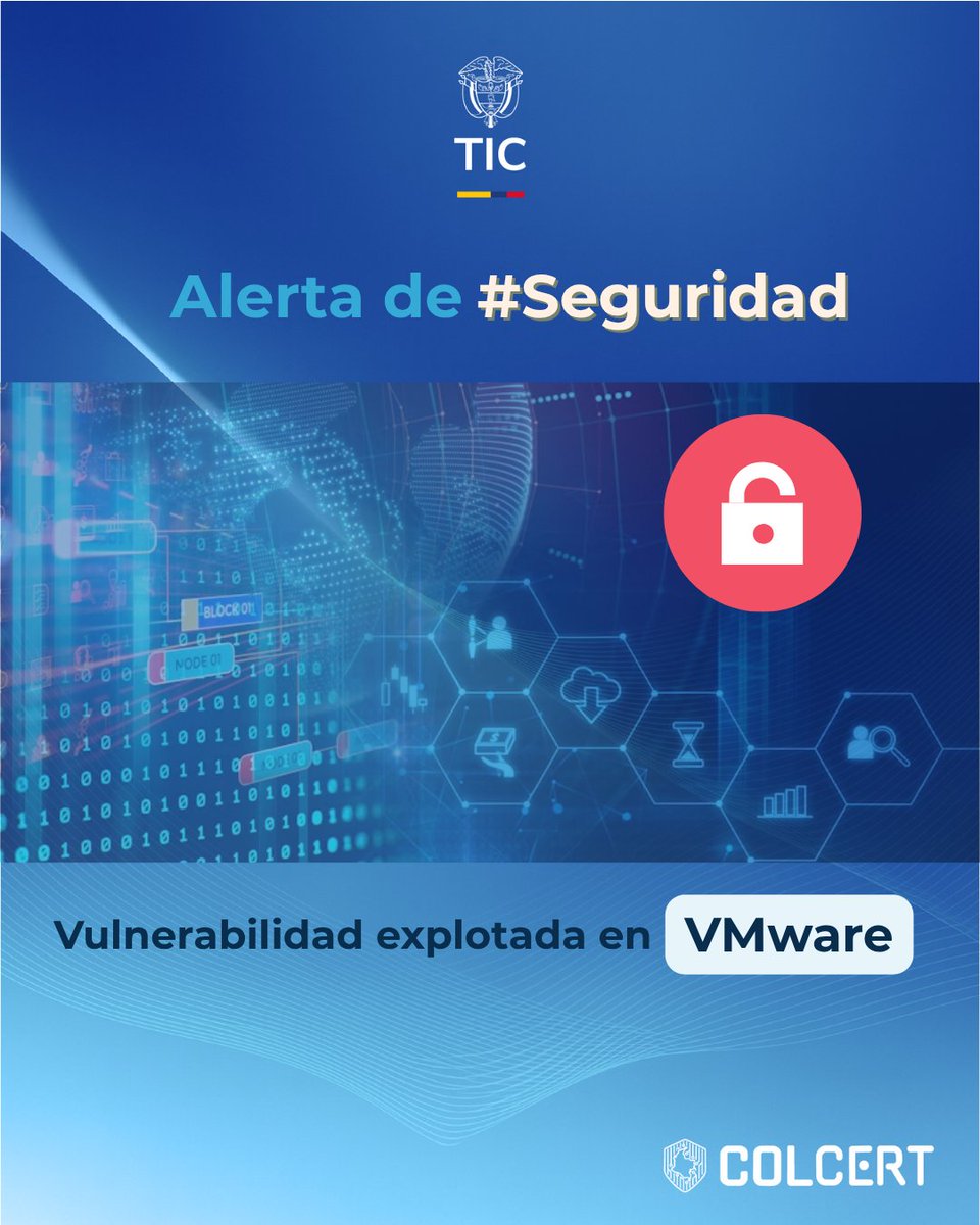 #AlertaDeSeguridad ⚠️ Se confirma explotación activa de una vulnerabilidad en VMware que permite elevación de privilegios en entornos virtualizados.🛑
 El #ColCERT recomienda aplicar de inmediato los parches oficiales y reforzar el monitoreo de accesos para mitigar riesgos.