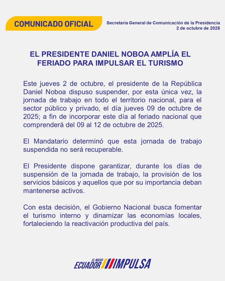 A document with the header "COMUNICADO OFICIAL" and the logo of Secretaría General de Comunicación de la Presidencia. Text includes "El Presidente Daniel Noboa amplía el feriado para impulsar el turismo" and mentions a work holiday extension in Ecuador for 2025. The logo of "ECUADOR IMPULSA" is visible at the bottom.