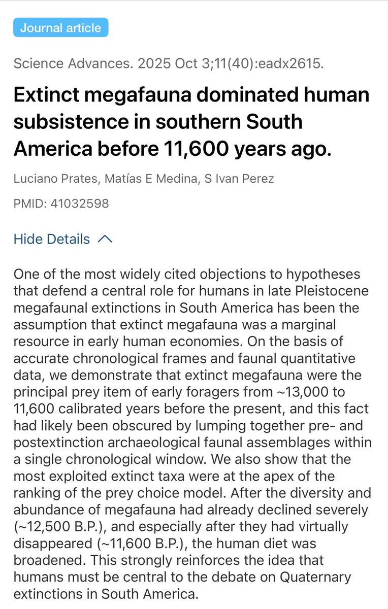 we demonstrate that extinct megafauna were the principal prey item of early foragers from ~13,000 to 11,600 calibrated years before the present
<a href="/SBakerMD/">Dr Shawn Baker 🥩</a> <a href="/ChrisStringer65/">Chris Stringer</a> <a href="/AnthropoceneMe1/">Adam, Anthropocene Megafauna</a> 
science.org/doi/10.1126/sc…
