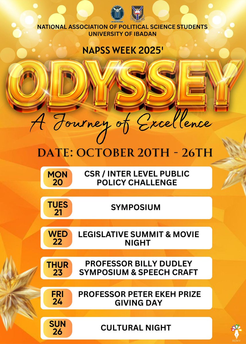 NapssUI2023's tweet image. 🔥 NAPSS WEEK 2025 is here! From Oct 20–26, it’s an Odyssey of Excellence 🏛️✨

🎶💃 This is more than a week, it’s a movement.

🌟 Don’t just hear about it. Live it. Be part of the Odyssey! 🌟
            #NAPSSWeek2025 #Odyssey #UI