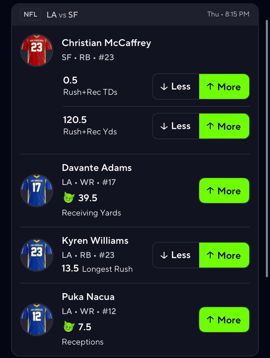 Gavin15527's tweet photo. TNF mix and match 

Let’s get it 

#NFL #Degens #PrizePicks #NFLbets #prizepickslocks #Gambling #sports #SportsPicks #PrizePicksNFL #ForYou #prizepicks #NFL #nflbets #PrizePicksNFL #TNF #Rams #Retweet #like #Views #BWS https://t.co/QGR9uey7f9