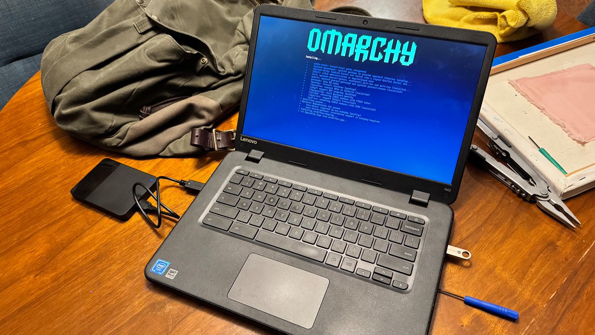 markjohnnutter's tweet image. Brought an old Chromebook back from irrelevancy with Omarchy. Another epic OSS project from @dhh