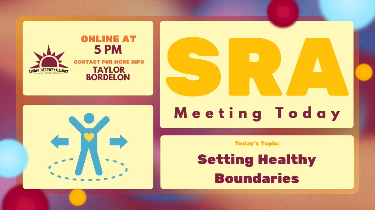 txstSRA's tweet photo. In today’s SRA meeting, we’ll focus on setting healthy boundaries in recovery. Meet SRA in the Student Health Center in room 202 at 5 pm!     

For more information: https://t.co/EledpRrvEM https://t.co/ayNo2dWQhN