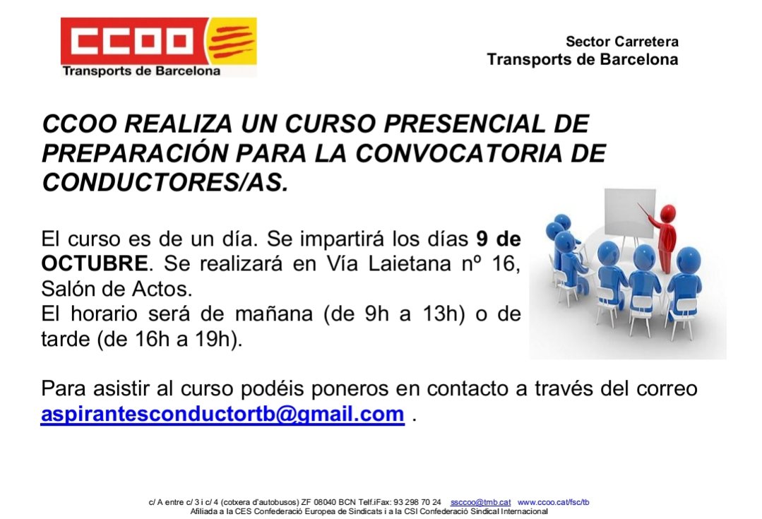 TbCcoo's tweet image. Día 9 de Octubre.
Curso presencial de preparación para la convocatoria de conductor@s en TMB.