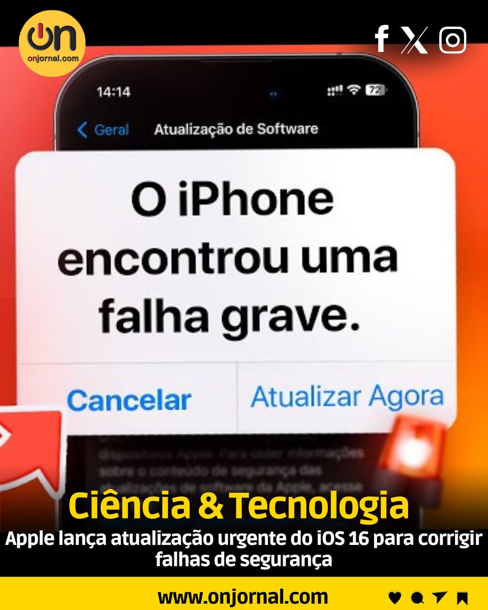 Onjornal1's tweet image. A #Apple lançou a primeira #atualização do #iOS 16, a #versão 16.0.1, e recomendou que todos os #usuários instalem o #sistema imediatamente devido à #detecção de #falhas de #segurança na versão anterior.

Acesse:onjornal.com/site/noticia/a…