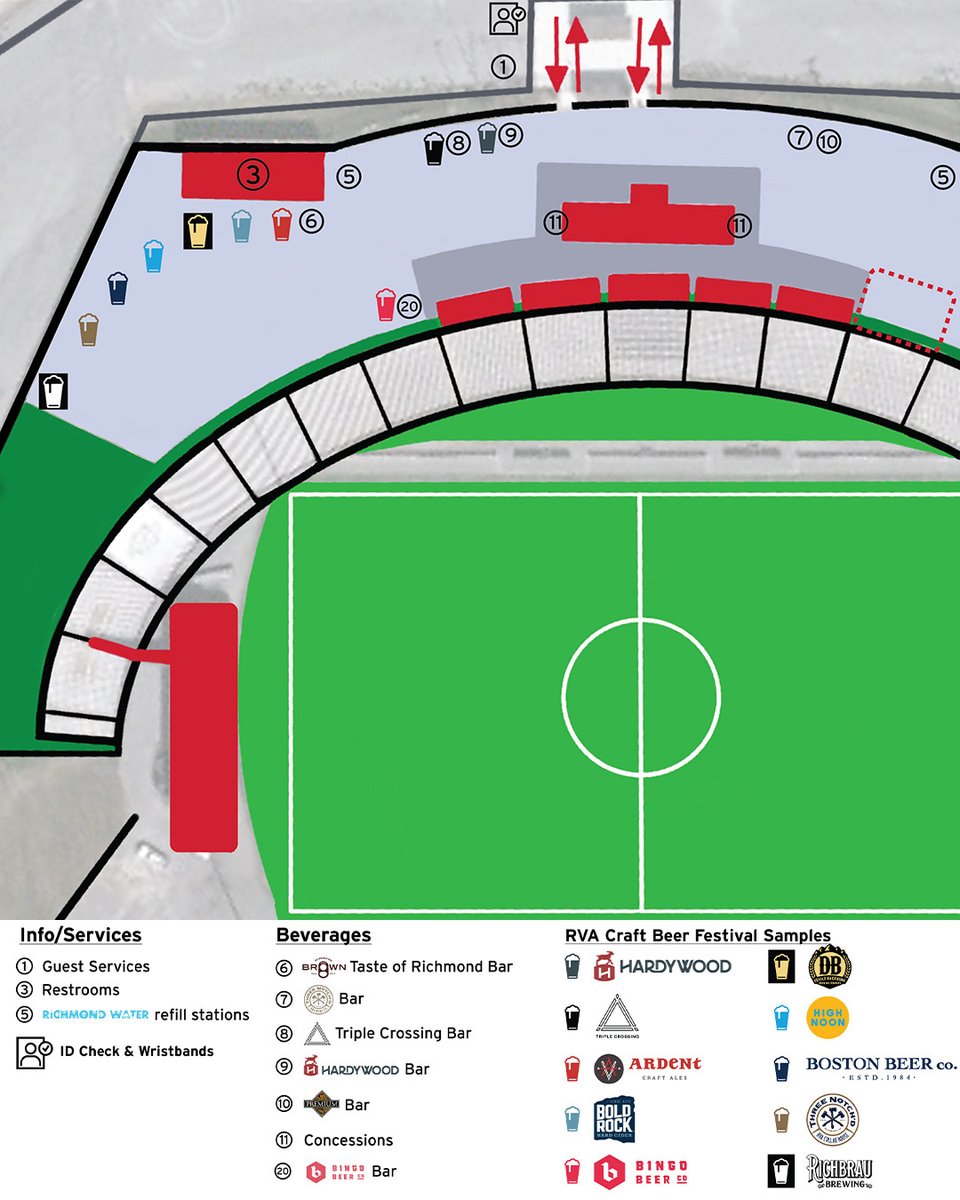 🚨EVERYTHING YOU NEED TO KNOW FOR THE RVA CRAFT BEER FESTIVAL🚨 

🆔 Required ID Check and wristbands OUTSIDE the gates for beer sampling 
🚪 Gates open at 4:30
📍 Find your favorite breweries on the map!
🍻 Enjoy while supplies last
⚽ Richmond footy kicks off at 6!

#UpTheRoos