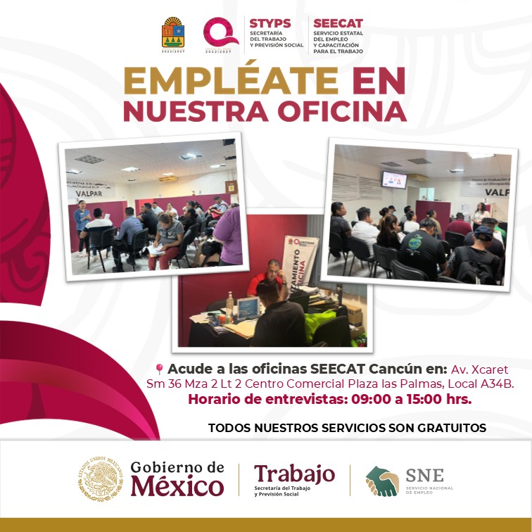 SNEQROO's tweet photo. 🔍¿Buscas empleo? 🏢Acércate a las oficinas SEECAT.
✨Día de reclutamiento en la oficina SEECAT Cancún.🌴☀️
📍Estamos ubicados en Avenida Xcaret, Supermanzana 36, Manzana 2, Lote 2, Centro Comercial Plaza Las Palmas Locales A-34b, planta alta.

#QuintanaRoo #UnidosParaTransformar https://t.co/Q7W31DQzue