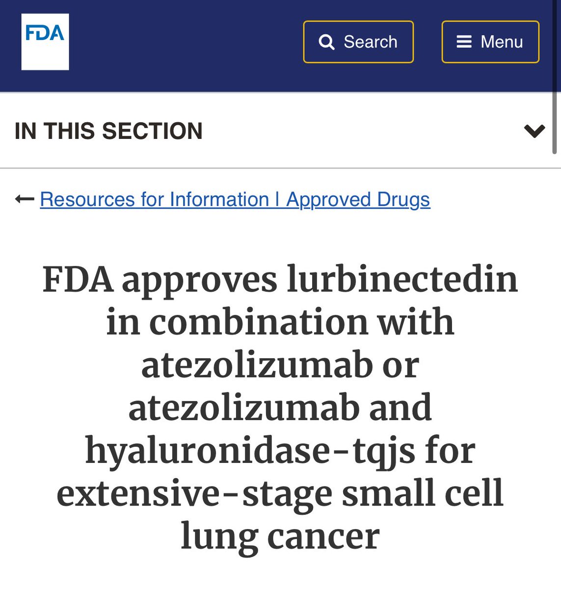 OncoAlert (@oncoalert) on Twitter photo FDA 🇺🇸Approval
tinyurl.com/4a8jr38b
On October 2, 2025, the FDA approved lurbinectedin with atezolizumab as maintenance therapy for adults with extensive-stage small cell lung cancer (ES- #SCLC )that has not progressed after initial atezolizumab-based chemotherapy. 
In the FDA 🇺🇸Approval
tinyurl.com/4a8jr38b
On October 2, 2025, the FDA approved lurbinectedin with atezolizumab as maintenance therapy for adults with extensive-stage small cell lung cancer (ES- #SCLC )that has not progressed after initial atezolizumab-based chemotherapy. 
In the