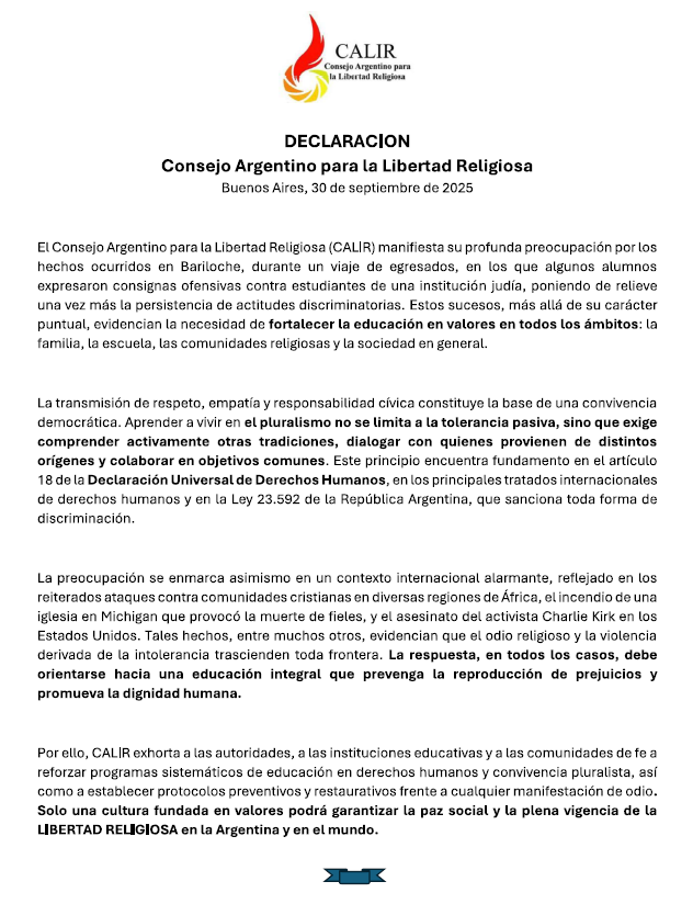 Compartimos Declaración del CALIR a partir de recientes acontecimientos de discriminación así como de odio religioso, en Argentina y en el mundo. Se agradecerán los reposteos #libertadreligiosa