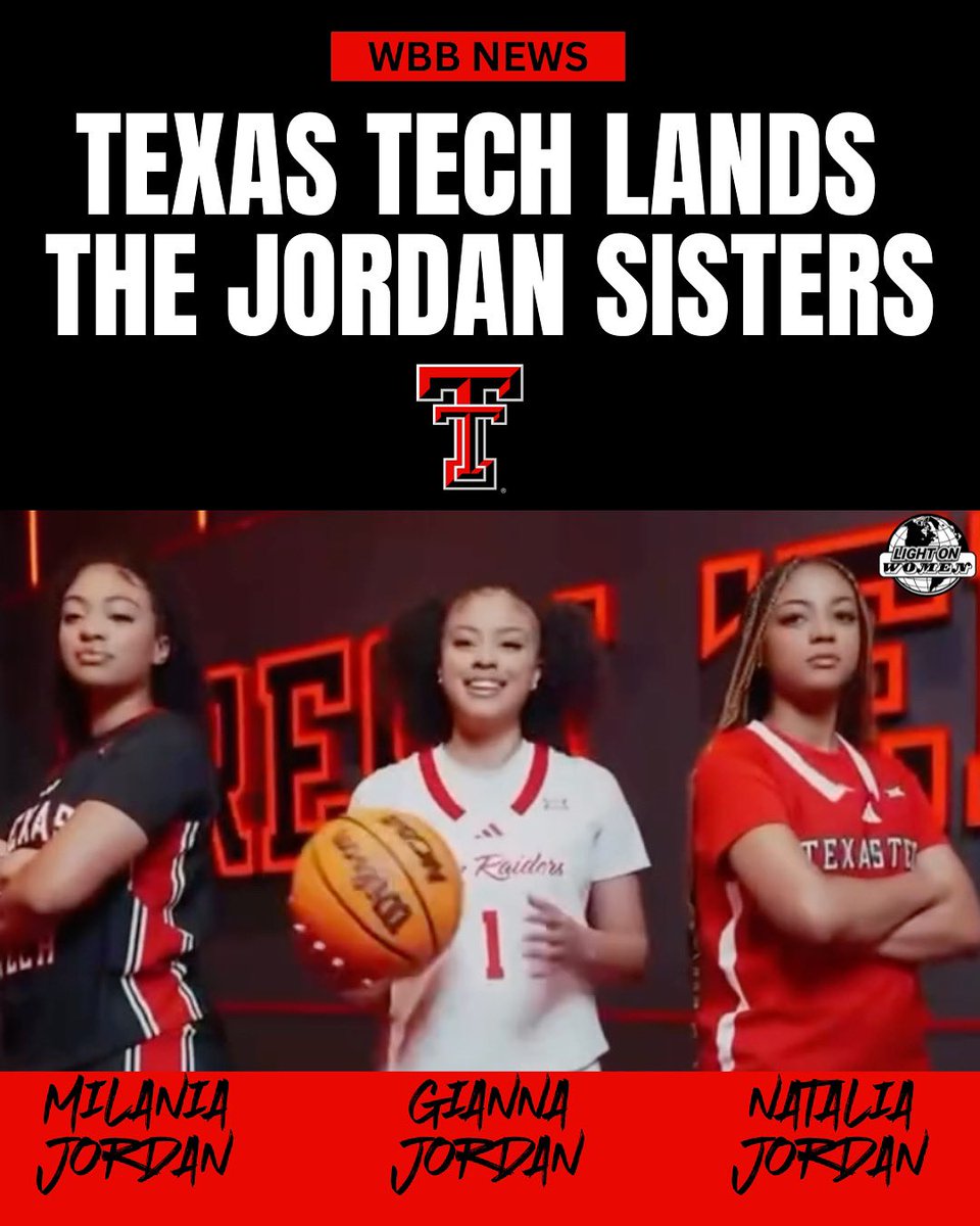 Class of 2026 sisters Gianna (4⭐️ PG), Milania (CG), and Natalia Jordan (G) have committed to Texas Tech women’s basketball 🔴⚫️

They are from Dallas, Texas, and have dreamed of playing together at the same college, which is set to come true in Lubbock. 

#WreckEm