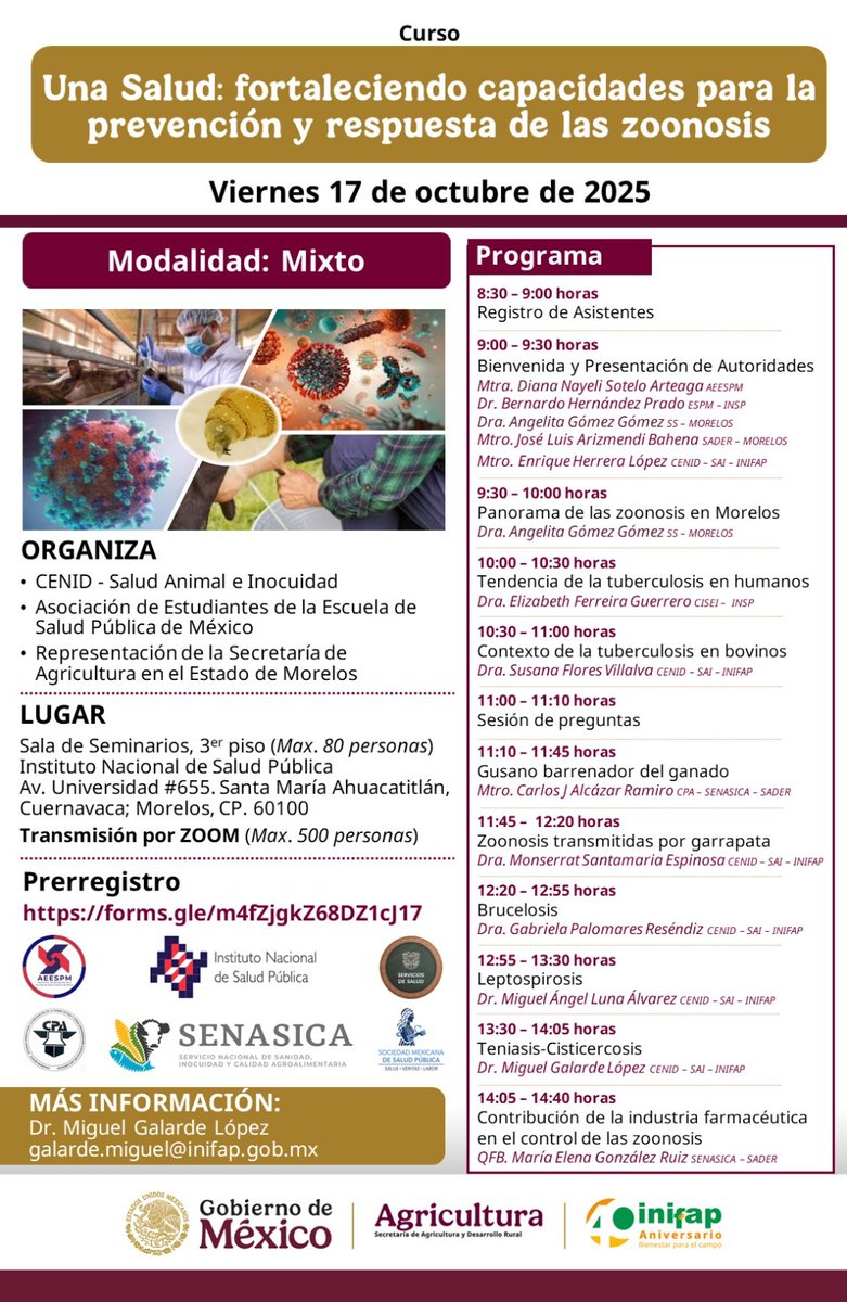 Curso:
🔬🦠🧬Una Salud: fortaleciendo capacidades para la prevención y respuesta de las zoonosis

📱Modalidad Presencial / Virtual
🗓17 de octubre, 8:30 hrs
📬Prerregistro forms.gle/m4fZjgkZ68DZ1c…