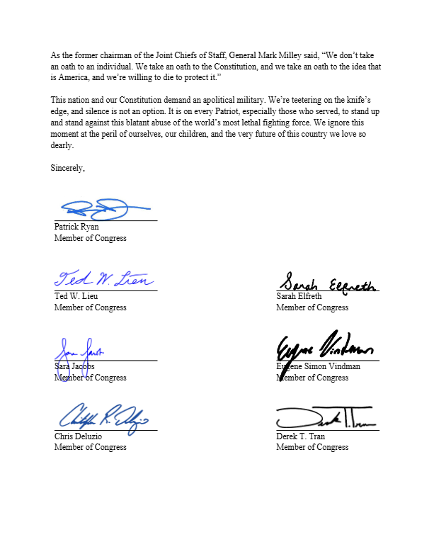 RepCarbajal's tweet image. I joined @RepPatRyanNY and my fellow Democratic veterans in condemning Donald Trump’s alarming remarks to U.S. military officers. 

Suggesting our troops should be deployed against the American people isn’t just unprecedented and unconstitutional — it’s un-American and dangerous.