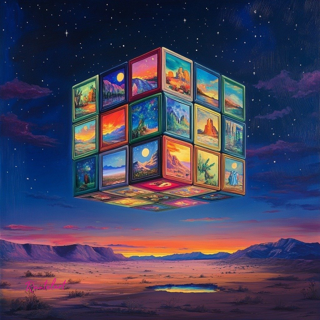 Runtelart's tweet photo. -- "Rubik's Showcase". ๐ค
Every side tells a story, every turn reveals a world.โ
#CosmicCube #EternalPuzzle #Dreambox #AIart #AIartists #digitalart