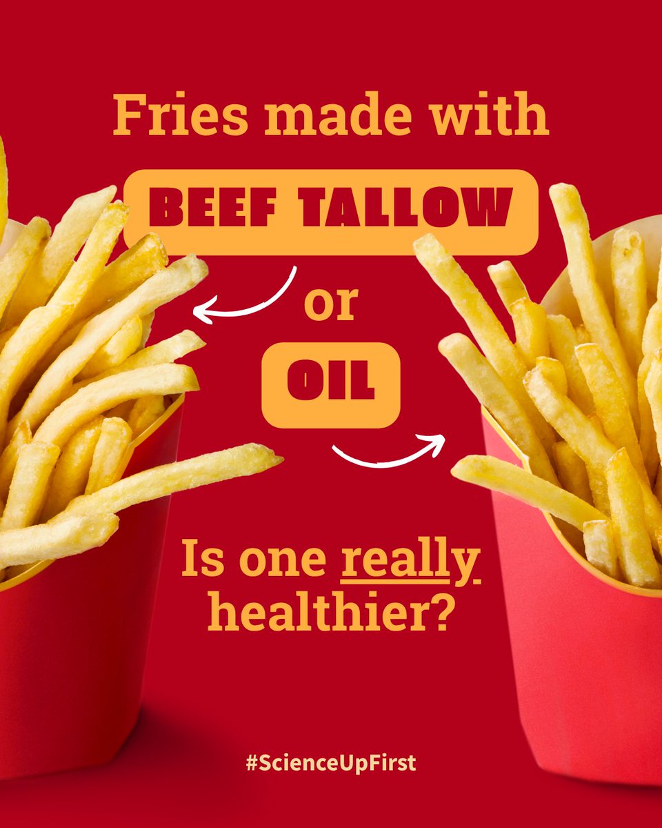 ScienceUpFirst's tweet image. Is beef tallow really healthier than seed oils for fries? 🍟
Nope. It’s packed with saturated fat, which raises “bad” cholesterol and heart risk.

Fries are a treat, enjoy them! But focus on balance: more fruits, veggies, grains, and lean proteins. 👇

scienceupfirst.com/nutrition/frie…