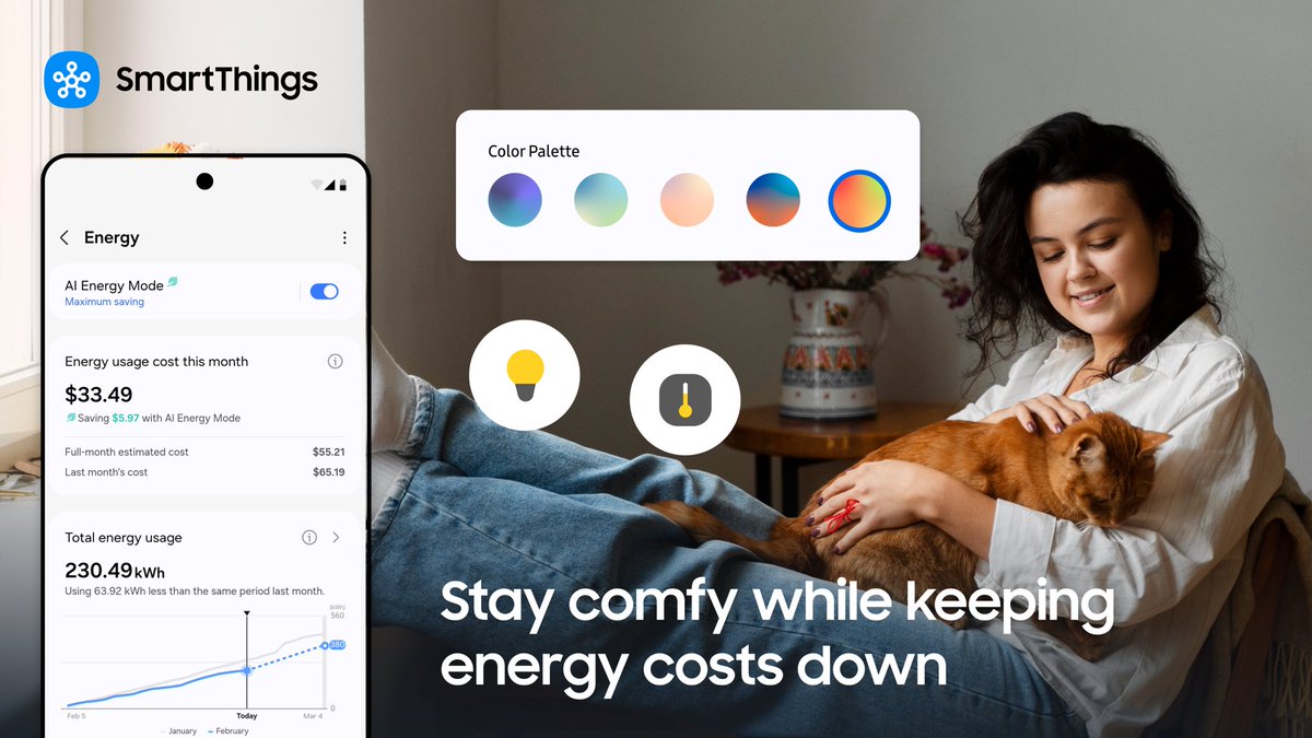 smartthings's tweet image. By 5:30 PM it&apos;s already dark, but your home feels warm, bright, and perfectly cozy without you lifting a finger. 🍂 #SmartThings keeps your lights and thermostat in sync with shorter days, so you stay comfortable and save energy. Download the app today.
