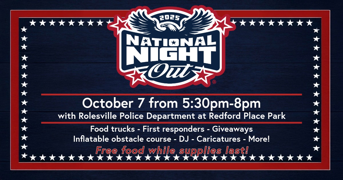 🚓National Night Out is coming BACK to Rolesville! 

🗓️Oct. 7, 2025
⏰ 5:30-8 p.m.
📍Redford Place Park

It will be a fun-filled evening and a great opportunity to meet your local heroes! 🧑‍🚒👮

#rolesvillenc #nationalnightout2025 #meetourheroes