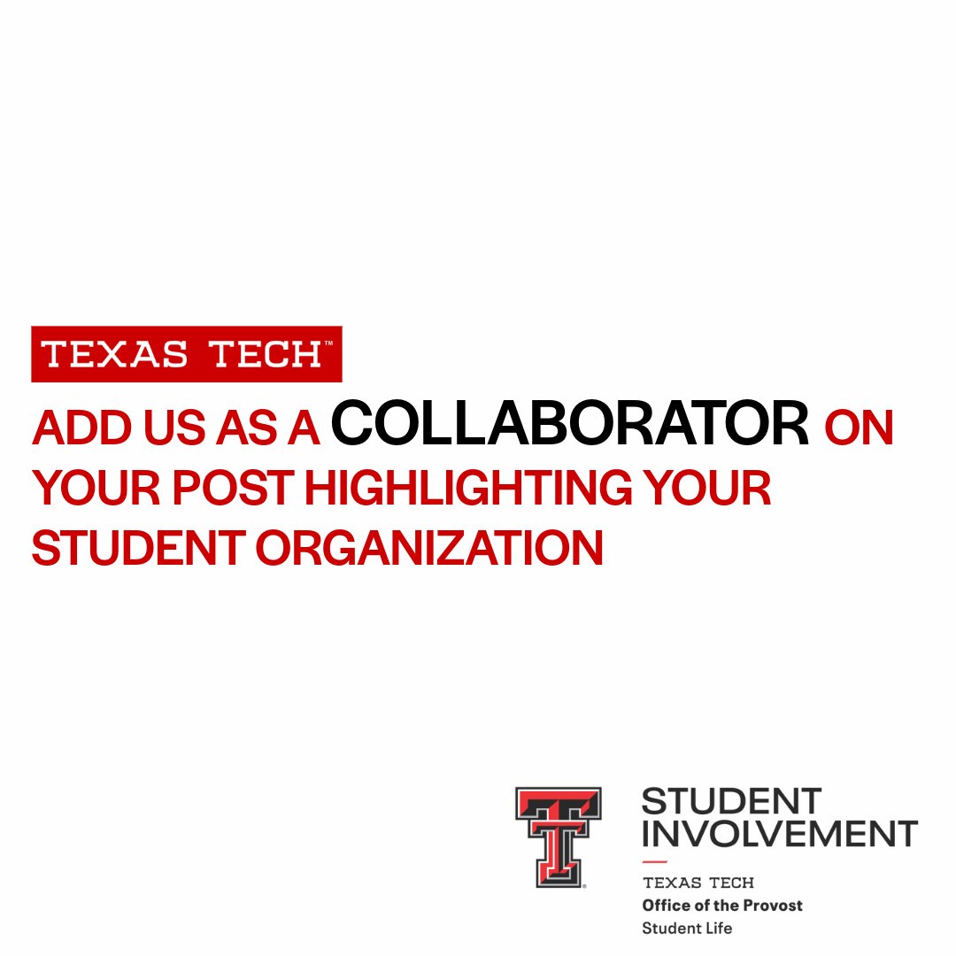💡 Student Organizations – Let’s Collaborate! 💡

Got an exciting event, achievement, or highlight to share? Tag @ttustudentorgs as a collaborator on your post so we can amplify your impact! Let’s showcase the best of TTU together! ❤️⚫ #WreckEm #TTUOrgs