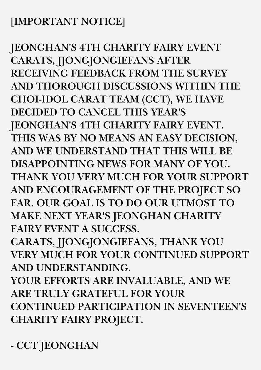 [Important Update] ❗️

Based on our 2025-2026 CF plan, we have decided to skip JEONGHAN's fourth charity fairy project this year. 🙏

Vote your daily hearts on October 4th, and save your ever hearts to vote for the8.

Thank you 😊❤️