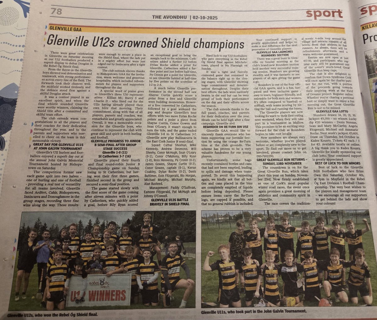 🏐💛🖤 Glenville GAA in this week’s Avondhu – also on Imokilly site 👉 eastcorkgaa.com/news-detail/10…

🔸U12s win Shield 🏆
🔸U11s shine in Ballyduff
🔸Junior B semi-final
🔸U13s battle bravely
🔸Rounders launch
🔸Great Glenville Run
🔸Lotto
🔸Minors

📸 U12 &amp; U11 teams