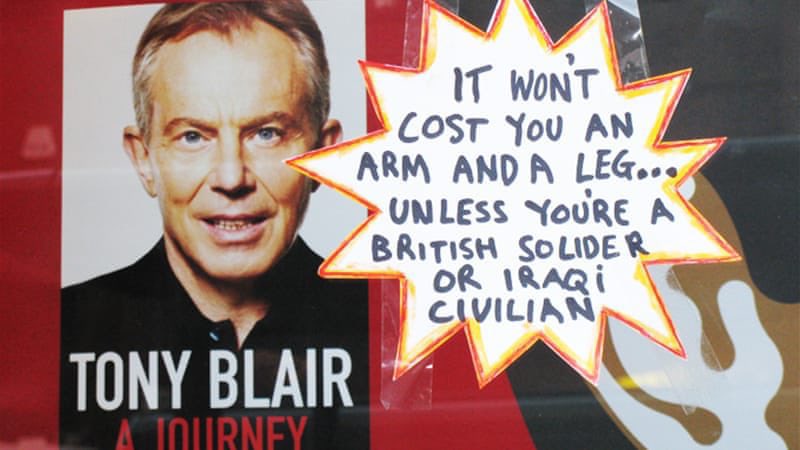 StefSimanowitz's tweet photo. @andrewfeinstein “It won’t cost you an arm or a leg…unless you’re a British solider or an Iraqi civilian”

In 2010, Tony Blair had to cancel the launch of his autobiography at Waterstones, Piccadilly, for fears of angry protests

I stuck these signs on my local @Waterstones
#IraqWarIn100Tweets👇 https://t.co/LpS8R6ybqn