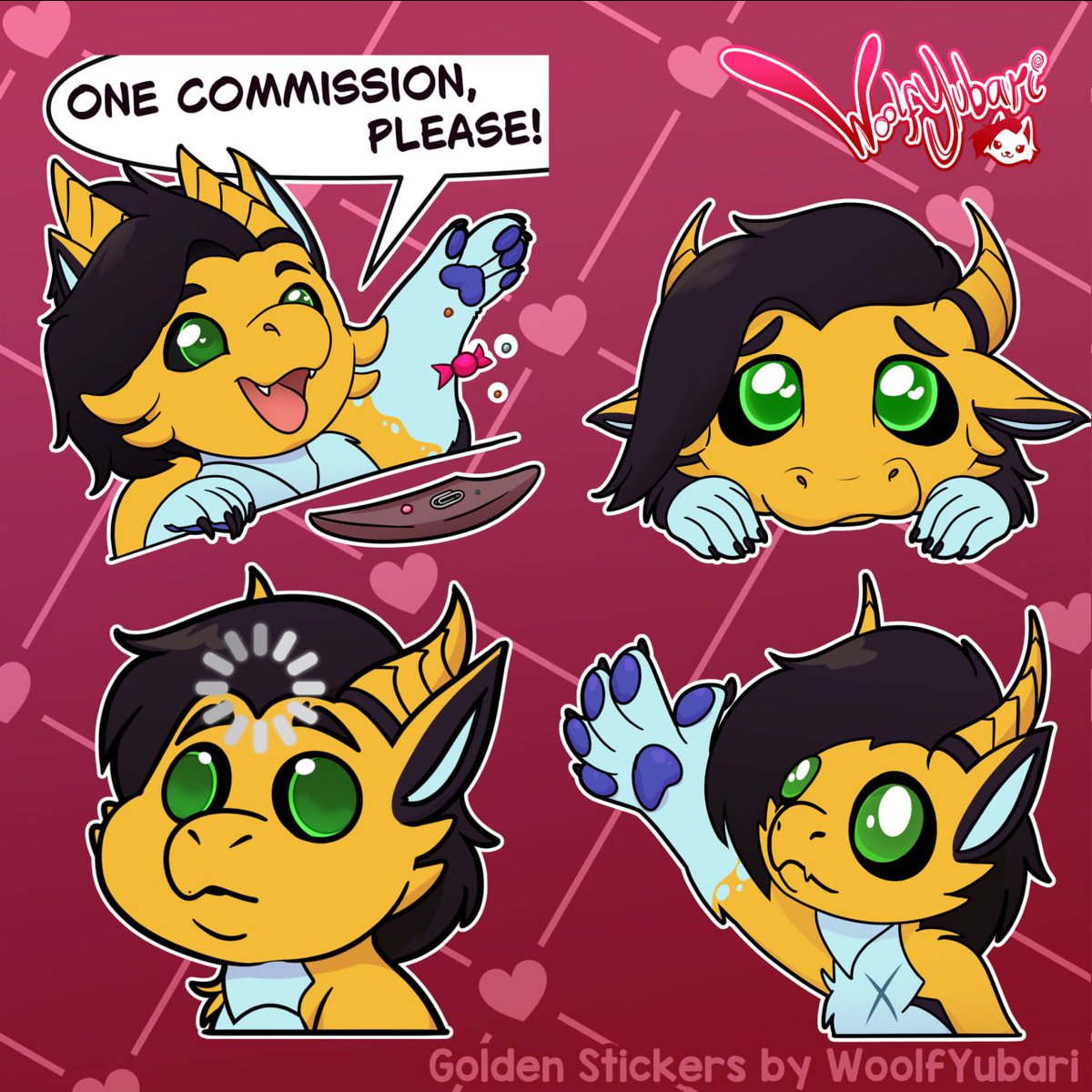 Stickers for Golden! Thanks for trusting me! ✨
Anyone interested in a YCH of the 'One comm, please' piece?