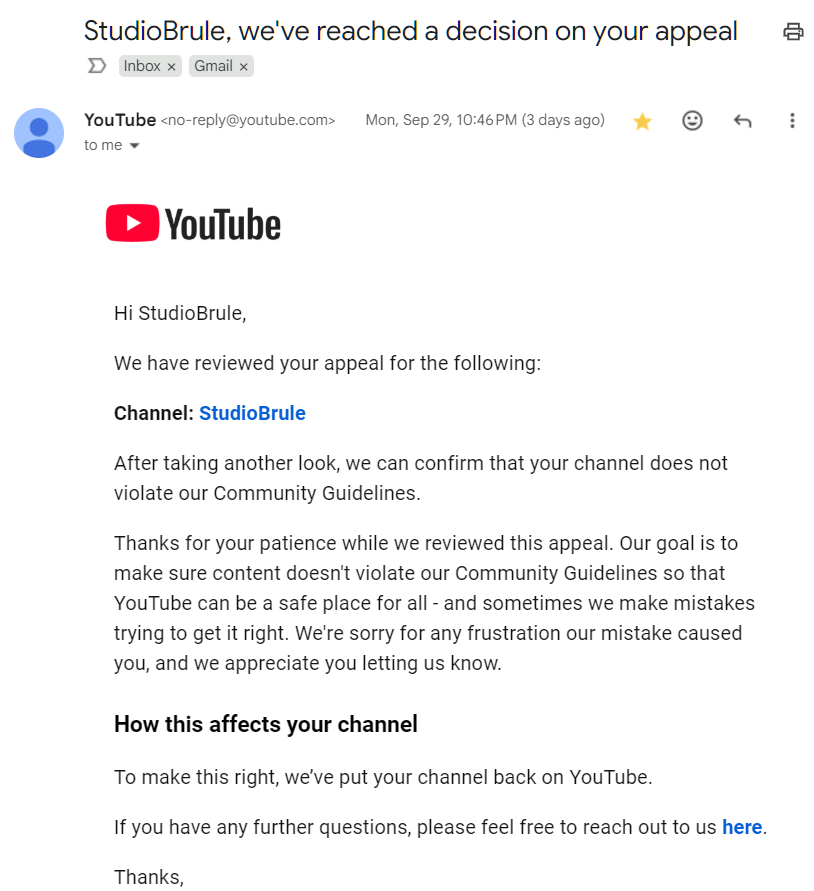 SBrul's tweet photo. @TeamYouTube My Channel, StudioBrule, was reinstated but they have not reinstated monetization nor the partner program. There's also no way to request monetization and the system continues to show "Harmful Content" despite the review and reinstatement of the channel.
PLEASE HELP https://t.co/CCOkE0D59s