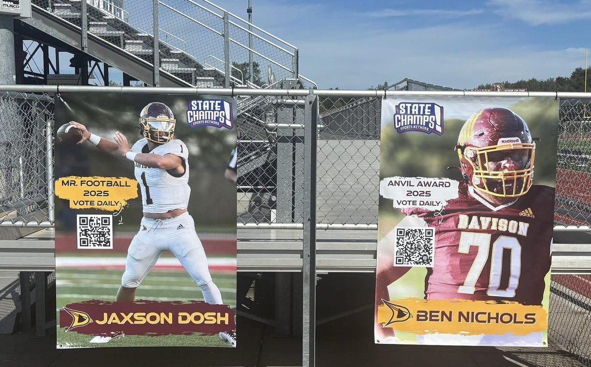 DavisonMade's tweet photo. Huge honor to have two Cardinals up for two huge State Football Awards!! Banners up at Cardinal Stadium to help our Davison Community remember they can vote every day! #CardinalPride💪 https://t.co/MR1zK5ubUA