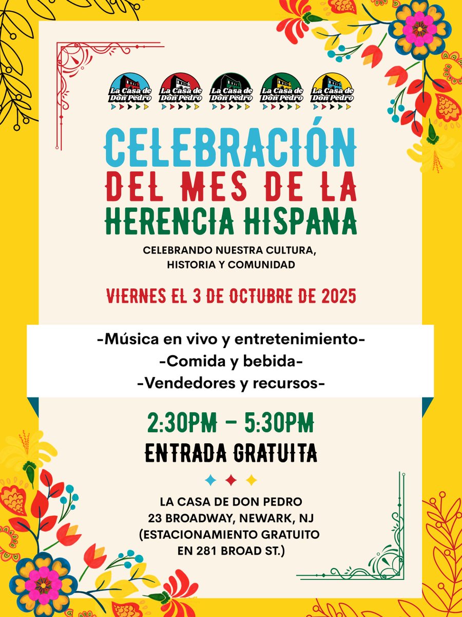 Please note tomorrow's Hispanic Heritage Month Celebration from 2:30pm-5:30pm has been relocated to 23 Broadway.

There'll be live music, entertainment, delicious food and drinks, plus plenty of vendors and resources to go around so be sure to join us and spread the word!