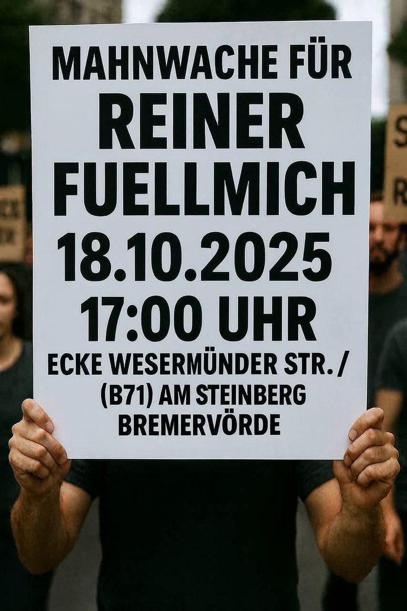 FreeFuellmich's tweet image. 🥁 MAHNWACHE 🥁 für Dr. Reiner Fuellmich – für Freiheit!
📍 Bremervörde
📅 18.10.2025
⏰ 17:00 – 18:00 Uhr

Reiner ist im Gefängnis, weil er unbequeme Fragen stellt.
Lasst uns ein deutliches Zeichen setzen: Gerechtigkeit &amp;amp; Freiheit für Reiner!
ℹ️ Infos: 👉 t.me/InfoFriedenFre…