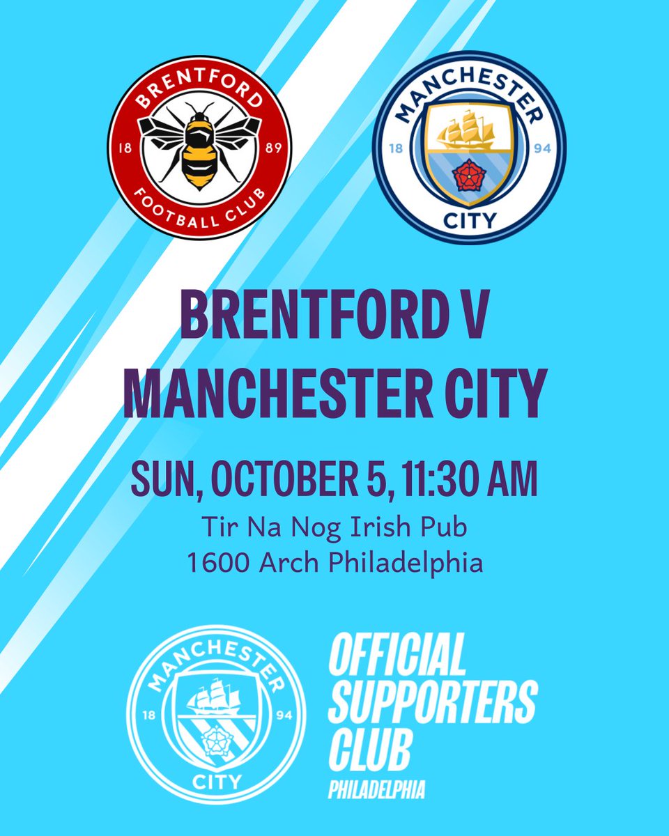 So we can't beat Monaco, but maybe we have a better chance against West London. Join us at Tir to watch Bees vs Blues.

Brentford v Man City
Sun, Oct 5 at 11:30AM
Tir Na Nog - 1600 Arch

#BREMCI #CmonCity #MancityUS #MancityOSC #mcfcphilly