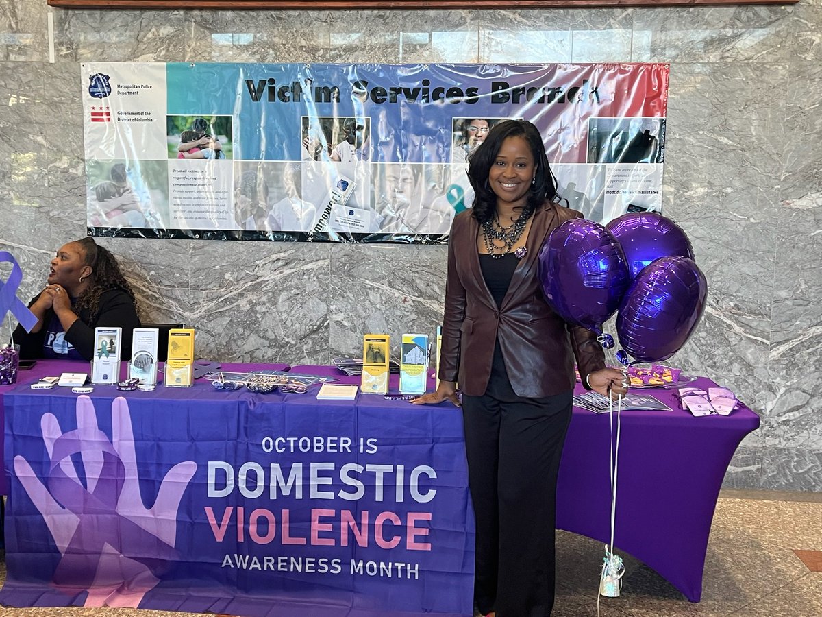 OVSJG_DC's tweet photo. Yesterday Dir. Porter kicked off Domestic Violence Awareness Month by “painting the town purple” & joining the @DCCADV at the Judiciary Square metro
to distribute outreach materials! She also, joined @DCPoliceDept Victim Services Branch to #SpreadLoveDC #SurvivorsAlways #DVAM25 https://t.co/icdPqzDxKp