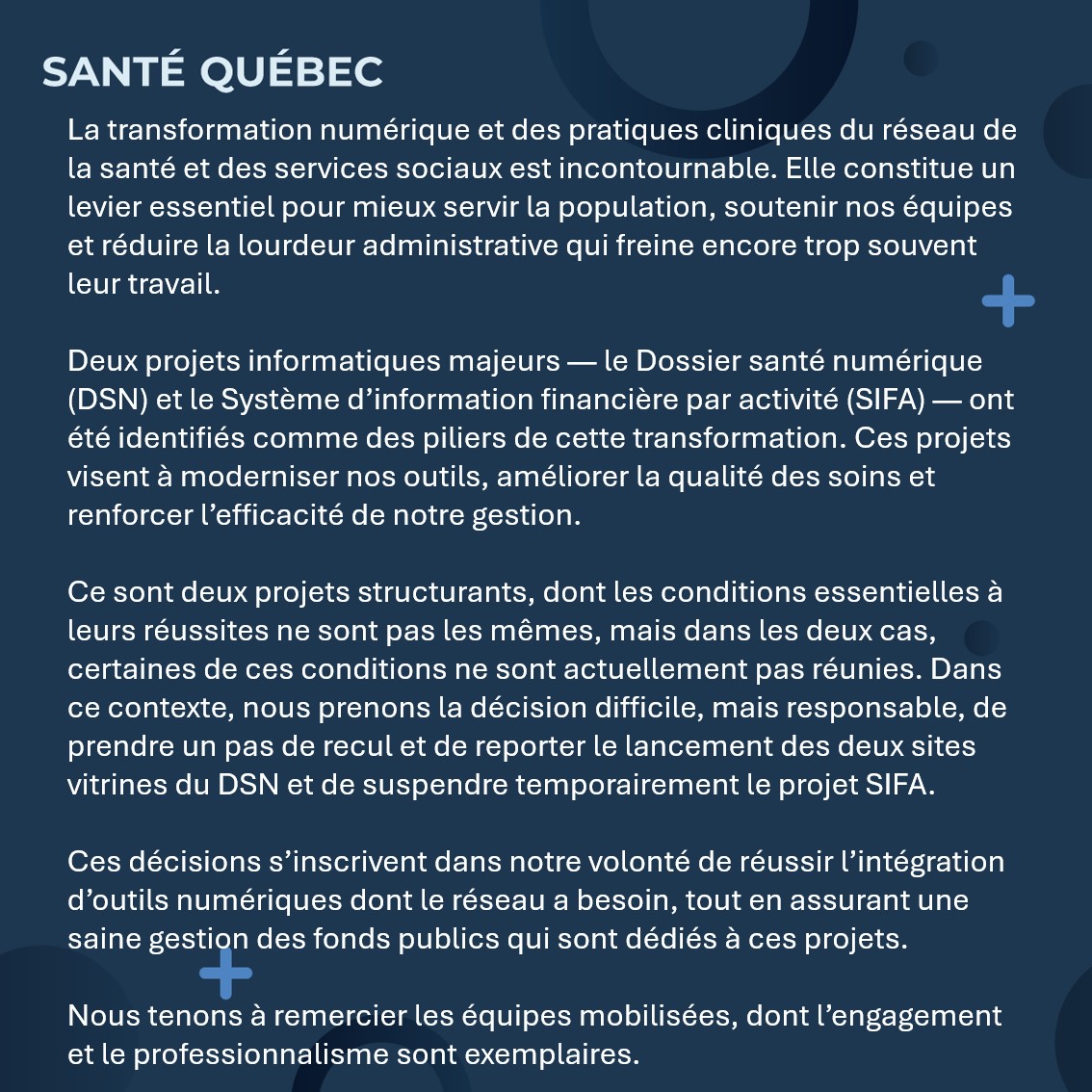 Transformation numérique | Changement pour le Dossier santé numérique (DSN) et le Système d’information financière par activité (SIFA).⤵️