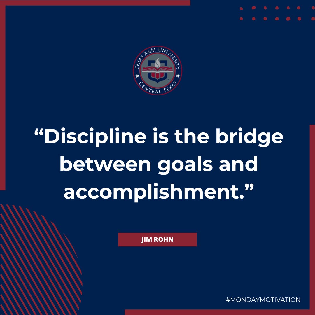 “Discipline is the bridge between goals and accomplishment.” 💪

This #MondayMotivation is your nudge to stay consistent, keep pushing, and build that bridge every single day. Success isn’t about luck, it’s about showing up even when it’s tough. 

#TAMUCT #MondayMotivation