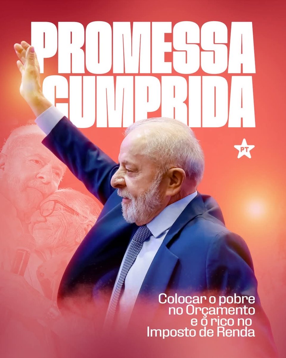 Promessa feita, promessa cumprida! ✅ 

O Presidente <a href="/LulaOficial/">Lula</a> segue firme no compromisso com o povo e conquistamos a aprovação da isenção do Imposto de Renda para quem ganha até R$ 5 mil. 🇧🇷✨ 

Um passo histórico rumo à justiça tributária e a um Brasil mais justo para todos!
