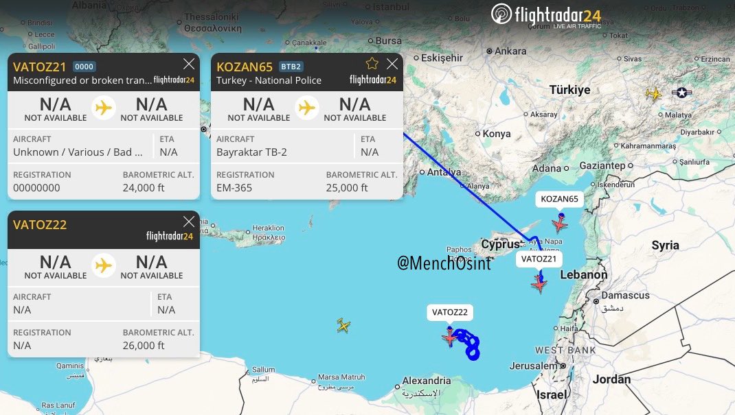 📡🇹🇷 Multiple Turkish Air Force Drones (2 x Akinci &amp; 1 x TB2) are operating over the Eastern Mediterranean Sea.

Quite interesting as never seen off Lebanese coast before, &amp; they started operating north of Suez Canal since the Global Sumud Flotilla.