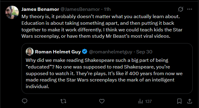 SketchesbyBoze's tweet photo. I’m sorry but “maybe we could replace the teaching of Shakespeare with Mr Beast” is an insane thing to say. This is the logical end-point of the “all content is equally valid” mindset. Kids who study Shakespeare will get smarter. Kids who study Mr Beast will be illiterate. https://t.co/qFUnLtNzN0