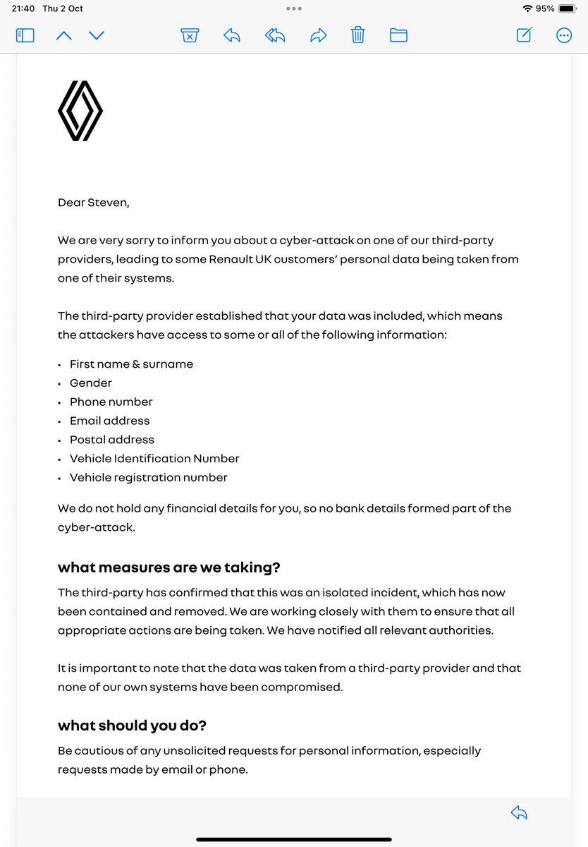 Well, that’s just fucking brilliant, isn’t it?! 🙄🤬 Why are companies like <a href="/renault_uk/">Renault UK</a> and <a href="/marksandspencer/">M&S</a> so relaxed about their data security and why are they never held to account for losing our personal data? They think an apology resolves them of blame