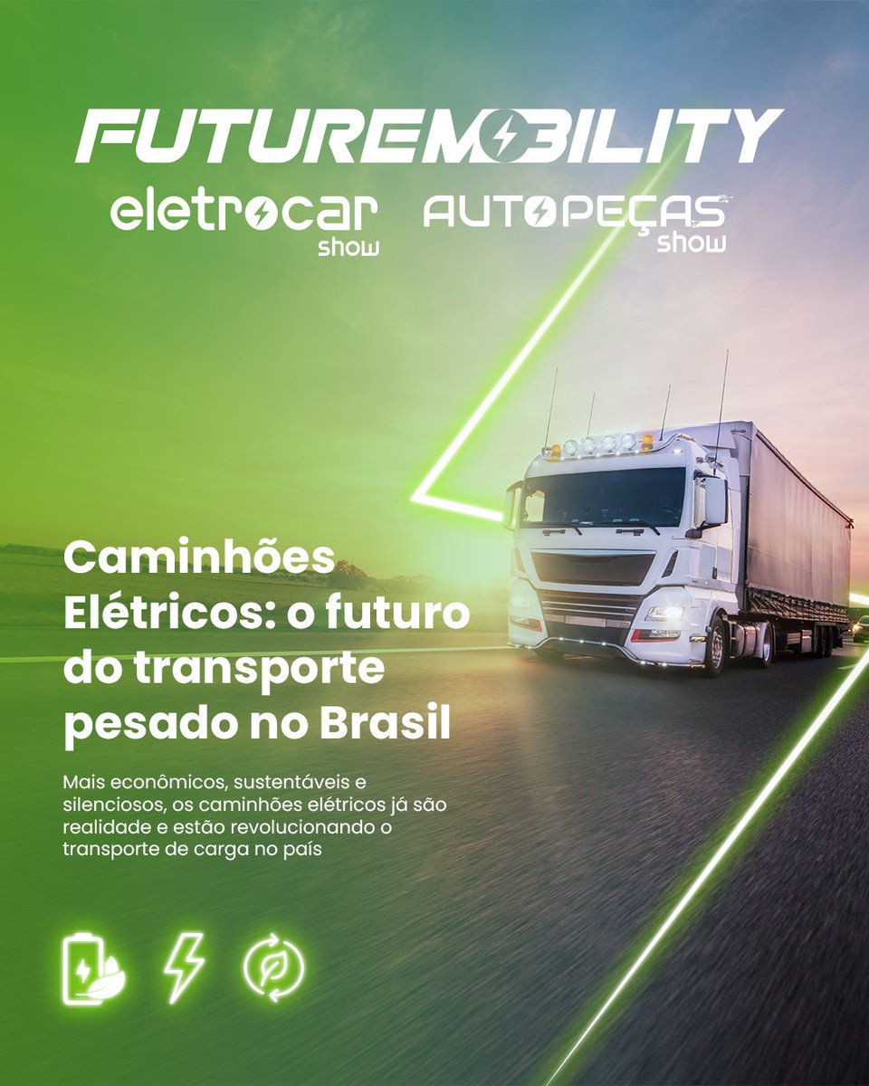 futuremobility_'s tweet photo. Caminhões elétricos estão ganhando espaço no Brasil 🚛⚡

mudando o transporte pesado: grandes cargas com zero emissões, mais eficiência e sustentabilidade.
a mobilidade elétrica pesada chegou para ficar.

📍 22-25 jun | Distrito Anhembi

#caminhoeseletricos #frotaeletrica https://t.co/XMy8TgvQ4A