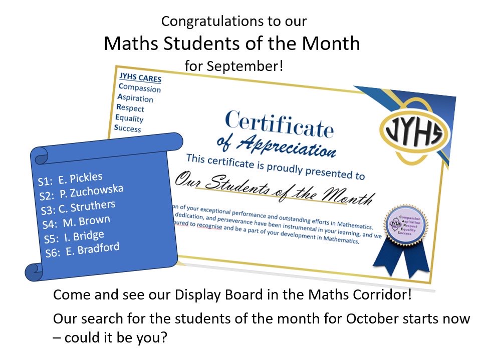 Congratulations to our <a href="/JamesYoungHS/">JYHS</a> Maths Students of the Month for September!   And thanks to <a href="/Scotmid/">Scotmid Co-operative</a> for their sponsorship.