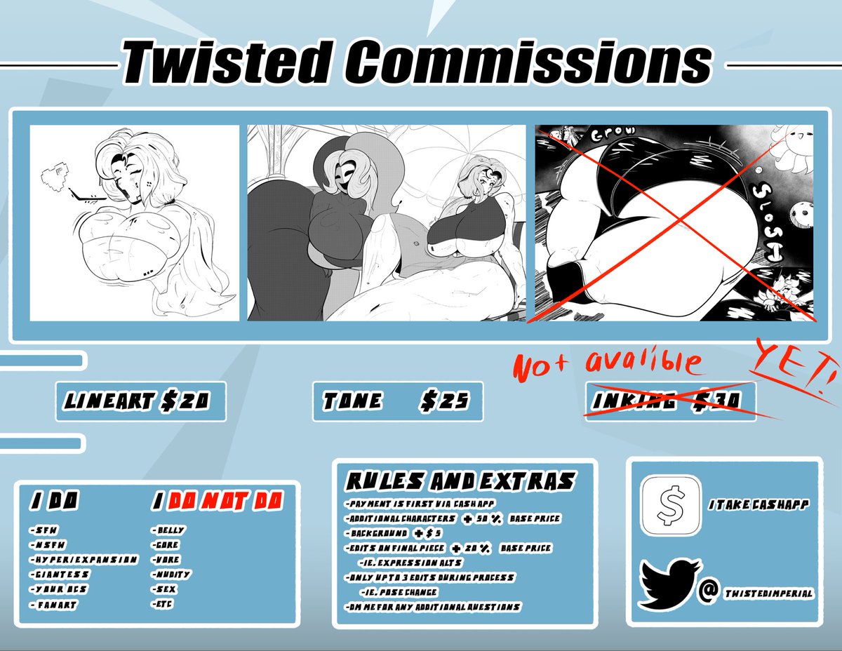 Yo yo! Been a while since I posted, but am confident enough to do coms! Here’s a sheet of the guidelines and what’s available atm. 
Do note I’m only accepting 2 slots atm with life being busy and wanna get the feel of coms before opening more slots.