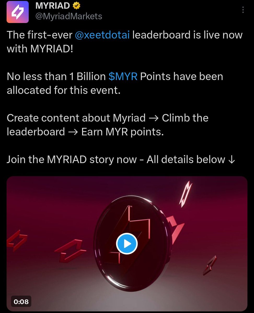 An alpha you don't wanna miss.

Project is <a href="/MyriadMarkets/">MYRIAD</a>

Backed by top DeFi and Web3 innovators.

They have allocated no less than 1 Billion $MYR Points for their exclusive leaderboard event.

Myriad is a leading prediction and trading protocol built on Arbitrum, bridging